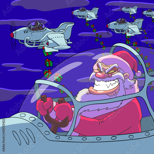 A few planes of Santa Claus are bombing by a Christmas gifts