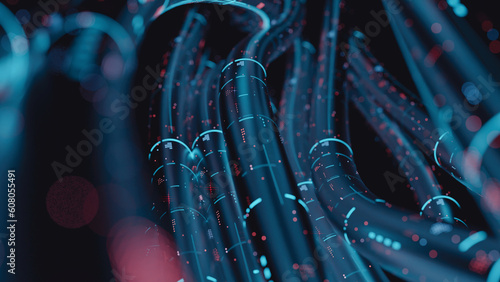 3D Rendering of abstract glass tube, wire cable with digital binary data transmitting. Inside AI concept. Technology, machine learning, big data, virtualization. Product background