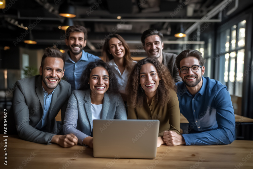 A team of professionals, both men and women in a modern office, showcasing their enthusiasm and camaraderie as they pose for a group photo while working on laptops. generative AI. A team of professionals, both men and women in a modern office, showcasing their enthusiasm and camaraderie as they pose for a group photo while working on laptops. generative AI.