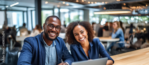 A team of professionals, both men and women in a modern office, showcasing their enthusiasm and camaraderie as they pose for a group photo while working on laptops. generative AI.