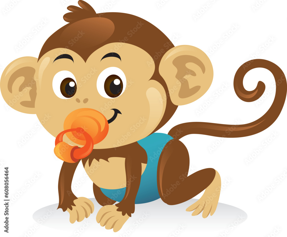 Cute baby monkey with a pacifier in a crawling pose. Cute baby monkey with a pacifier in a crawling pose.