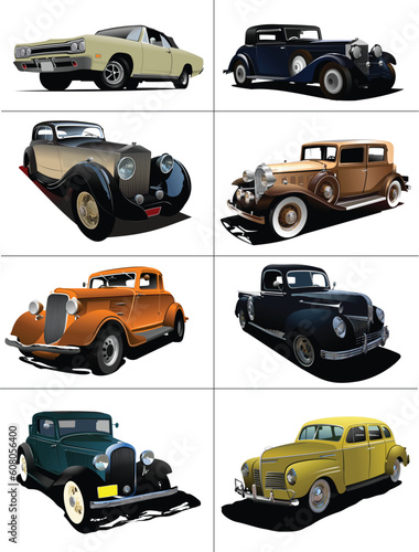 Eight  rarity cars fifty ears old. Sedan, cabriolet with closed roof. Vector illustration