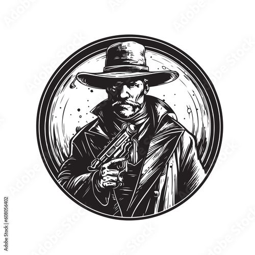 mysterious gunslinger, vintage logo line art concept black and white color, hand drawn illustration