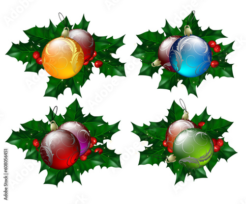 christmas balls set with hollyberry, this illustration may be useful as designer work