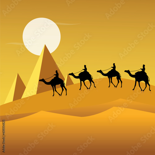 illustration of tourists on camels in desert