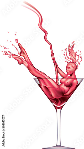 Sexy girl appears from red Martini pouring into a glass.