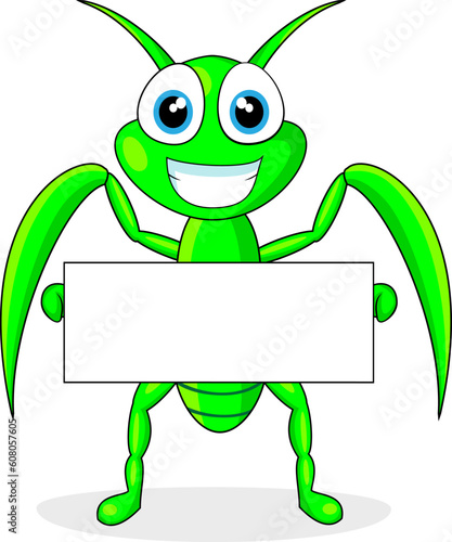 vector illustration of a cute praying mantis holding a blank sign. No gradient