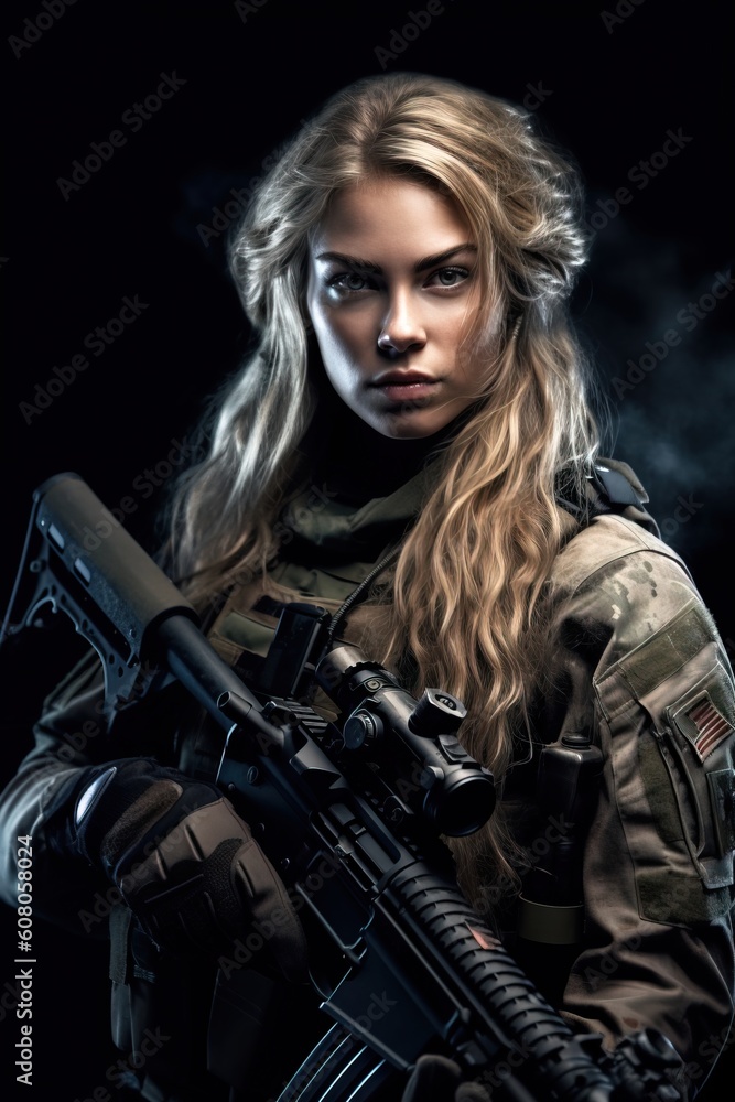 Portrait female soldier with guns on the black background AI Generative Portrait female soldier with guns on the black background AI Generative