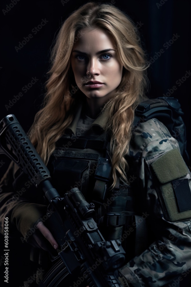 Portrait female soldier with guns on the black background AI Generative Portrait female soldier with guns on the black background AI Generative
