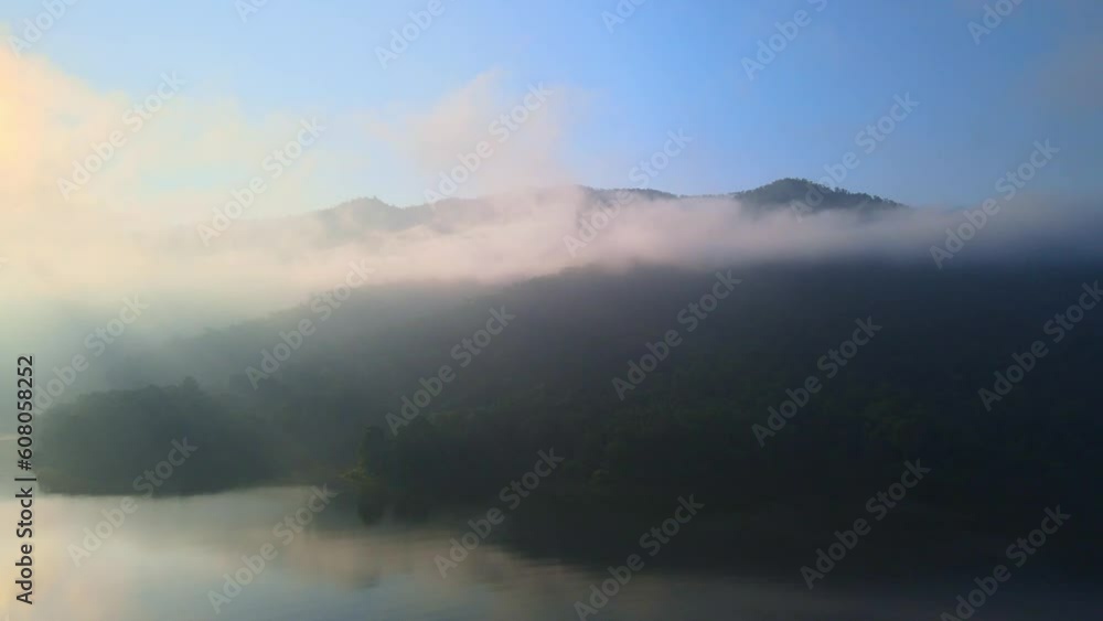 Aerial - Flying around the mountain at sunset, Dam in Chiangmai,Thailand Aerial - Flying around the mountain at sunset, Dam in Chiangmai,Thailand