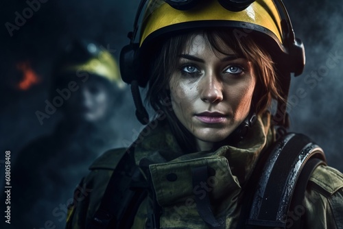Portrait female soldier with helmet AI Generative © Tebha Workspace