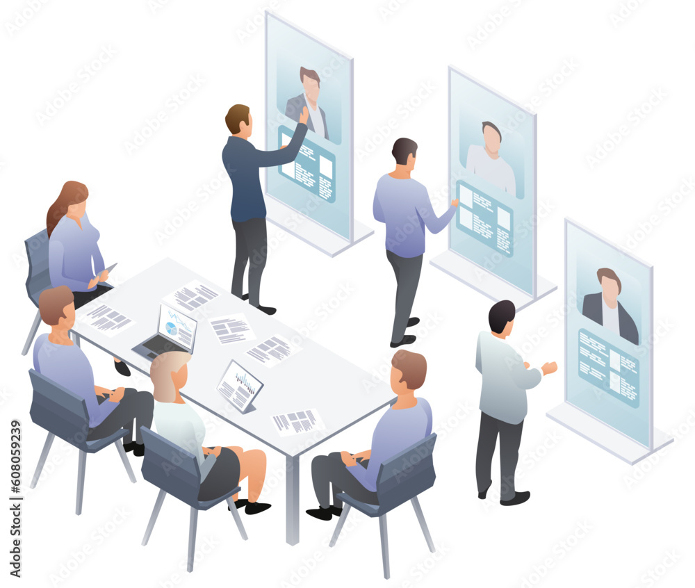 Isometric hiring and recruitment concept for web banner, presentation. Job interview, recruitment agency HR interview. Recruitment and career beginning concept. Vector illustration, background Isometric hiring and recruitment concept for web banner, presentation. Job interview, recruitment agency HR interview. Recruitment and career beginning concept. Vector illustration, background