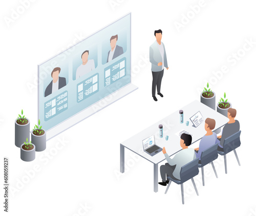 Isometric hiring and recruitment concept for web banner, presentation. Job interview, recruitment agency HR interview. Recruitment and career beginning concept. Vector illustration, background