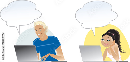 Vector illustrarion of guy and girl chatting on internet with ballons