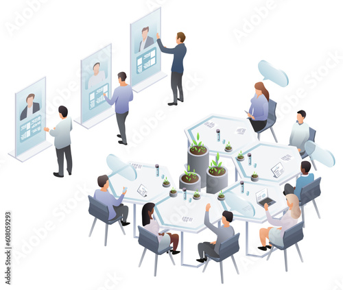 Isometric hiring and recruitment concept for web banner, presentation. Job interview, recruitment agency HR interview. Recruitment and career beginning concept. Vector illustration, background