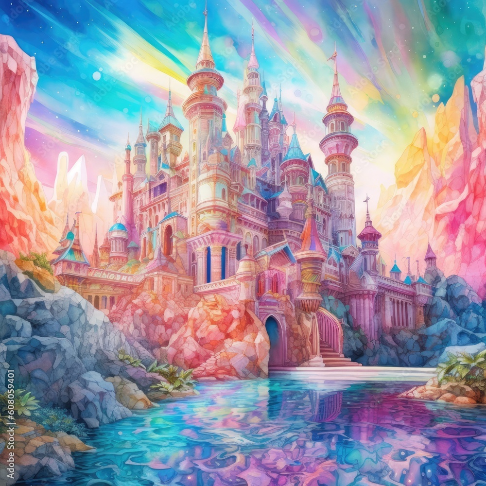 Watercolor fairytale palace in a beautiful landscape Watercolor fairytale palace in a beautiful landscape