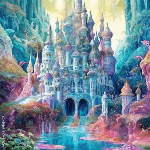 Watercolor fairytale palace in a beautiful landscape