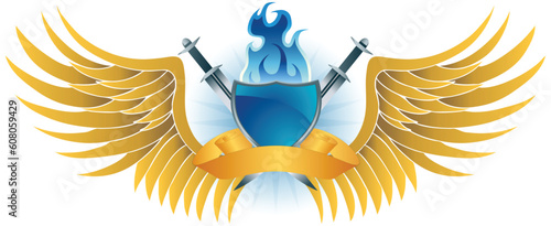 3D golden wing, flaming blue shield, sword and ribbon icon.
