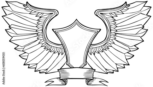 Hand drawn artsy pattern of wings with crest symbol.