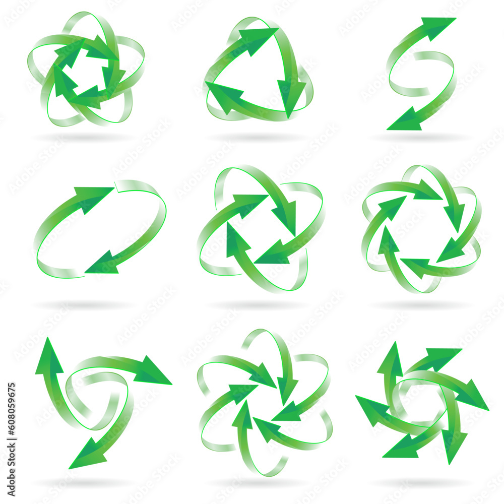 Set of different green arrow circles isolated on the white Set of different green arrow circles isolated on the white