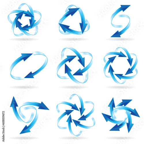 Set of different blue arrow circles isolated on the white