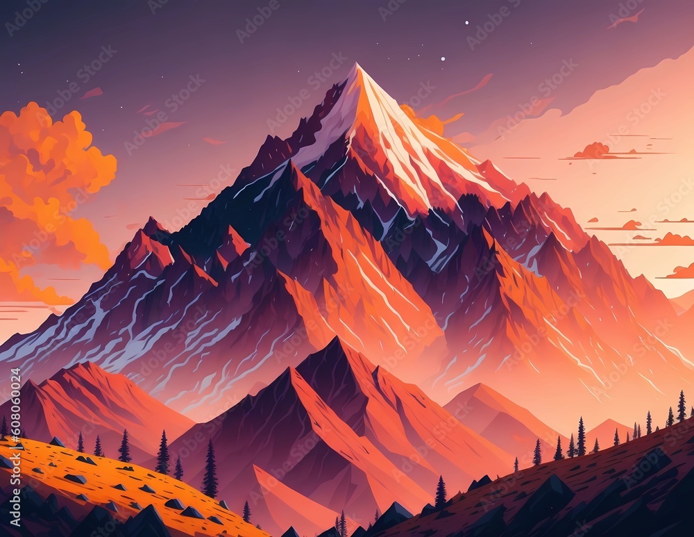 Illustration of mountains with sunset background. Generative ai.