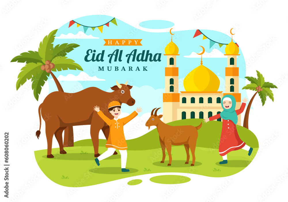 Obraz premium Happy Eid Al Adha Mubarak Vector Illustration of Kids Muslims Celebration with Sacrificial Animals Goat and Cow in Cartoon Hand Drawn Templates