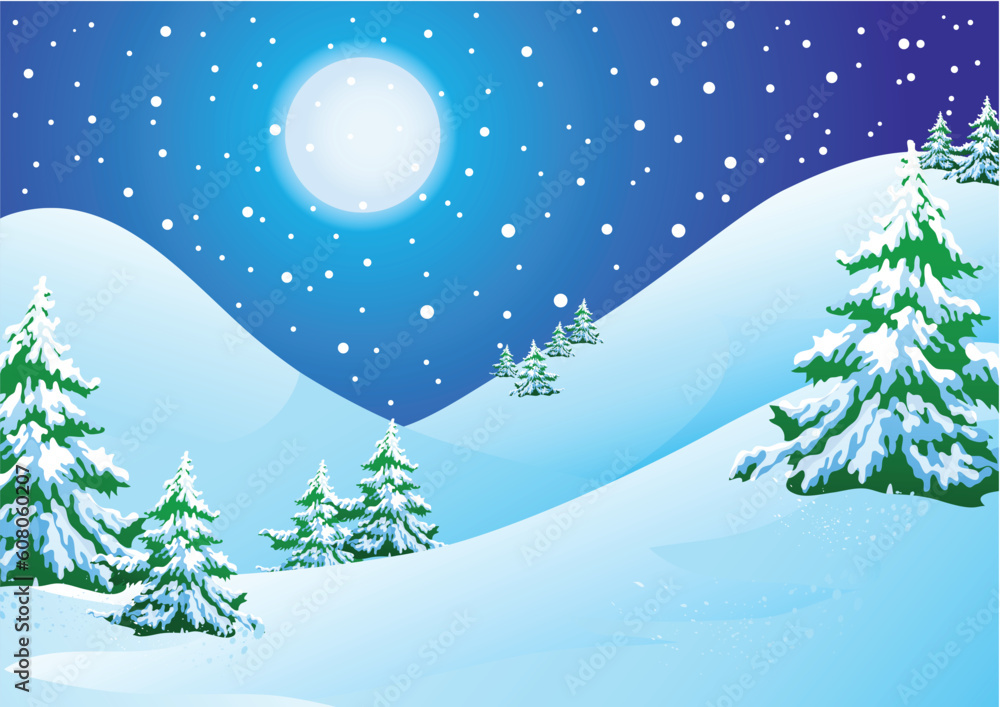 Night winter landscape: snow hills and pines Night winter landscape: snow hills and pines