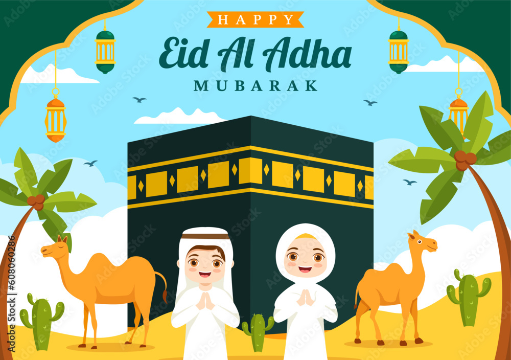 Happy Eid Al Adha Mubarak Vector Illustration of Kids Muslims Celebration with Sacrificial Animals Goat and Cow in Cartoon Hand Drawn Templates Happy Eid Al Adha Mubarak Vector Illustration of Kids Muslims Celebration with Sacrificial Animals Goat and Cow in Cartoon Hand Drawn Templates