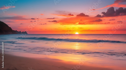 Sunset on the beach, summer vacation, sea scape, AI generate. © sompop