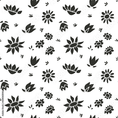 Monochrome seamless pattern with abstract retro wildflowers. Vintage floral digital paper © akini