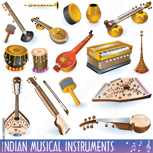 A colored  collection of different traditional Indian musical instruments.