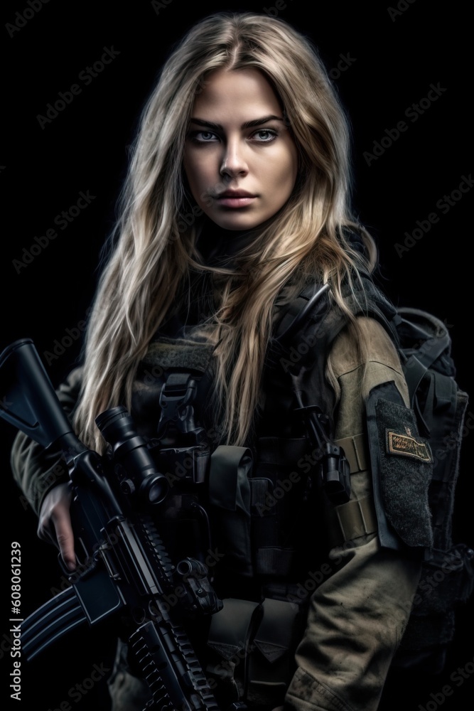 Portrait female soldiers with guns on the black background AI Generative Portrait female soldiers with guns on the black background AI Generative