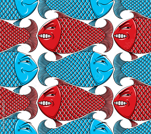 Fishes seamless background. Pattern. Emotions, characters, happy and angry. Yin yang.