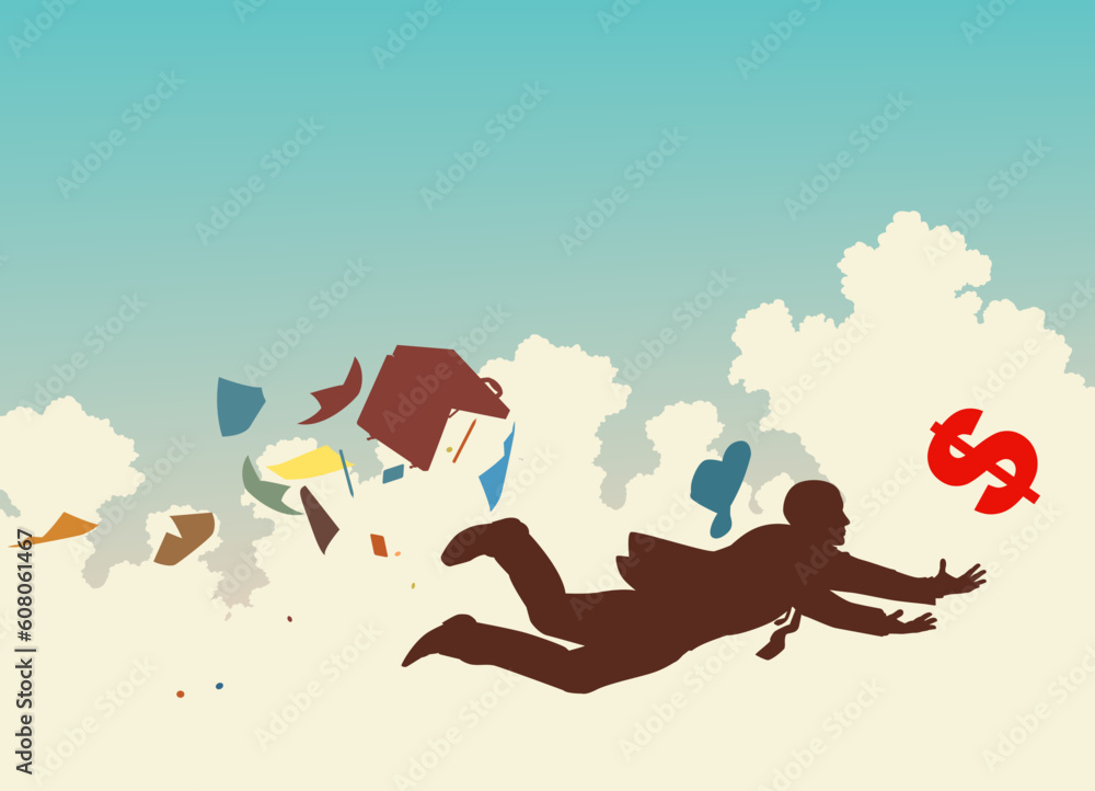 Fototapeta premium Vector colorful silhouette of a businessman desperately trying to catch a falling dollar
