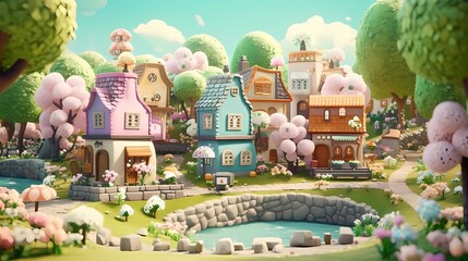 Handdoek met foto Kinderkamer Fairy Town. Cartoon style scene. Cute and Cozy Neighborhood. Drawing Painting Illustration. Generative AI.  © info@nextmars.com