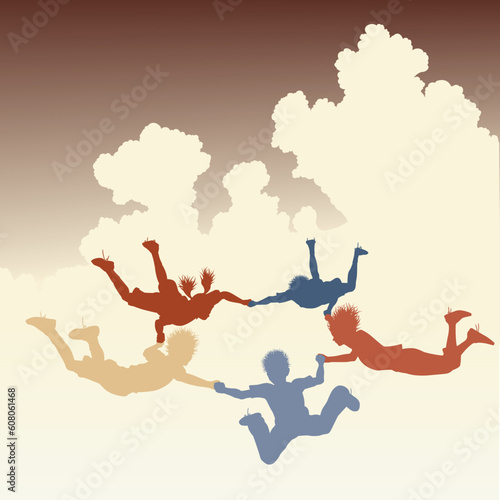Editable vector colorful illustration of a ring of skydiving children