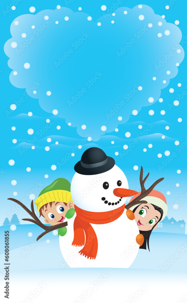 Illustration of a boy and girl hiding behind a snowman with heart-shaped clouds on the background. Great spacing for text, perfect for any Christmas or Valentine needs.