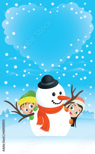 Illustration of a boy and girl hiding behind a snowman with heart-shaped clouds on the background. Great spacing for text, perfect for any Christmas or Valentine needs. © Designpics