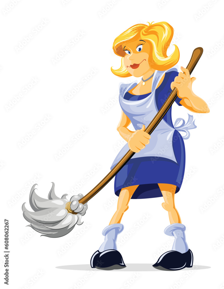 cartoon character housemaid with broom vector illustration, isolated on ...