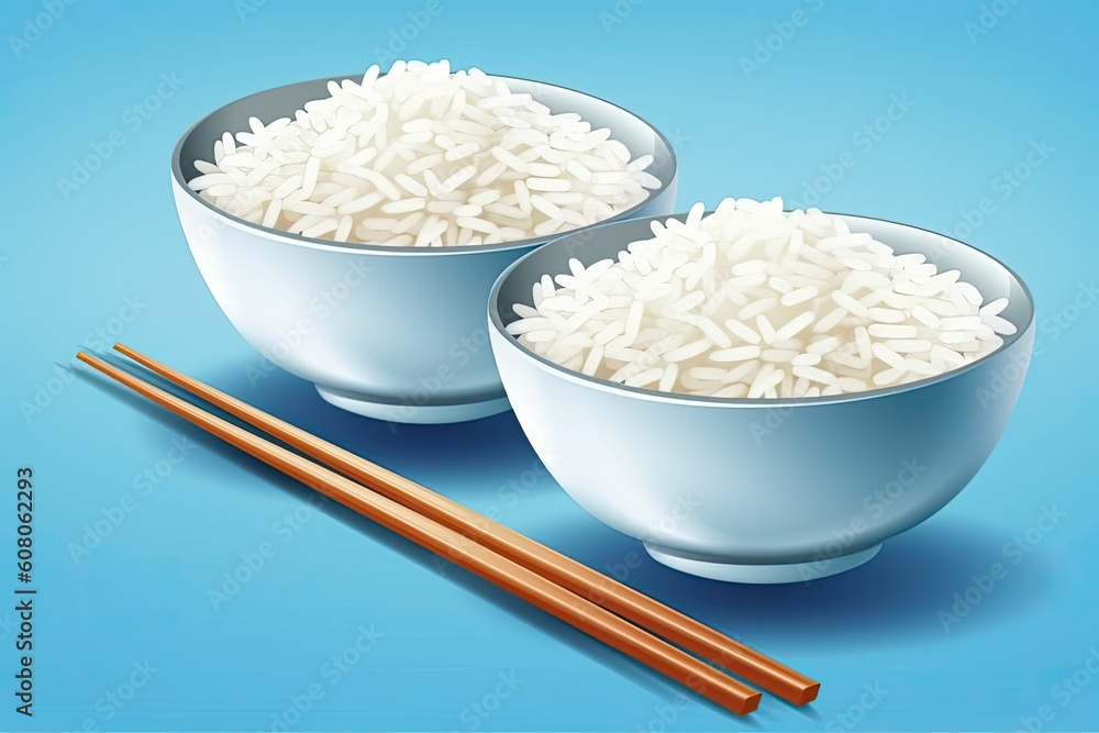 two bowls of steaming rice with chopsticks on a vibrant blue background Generative AI two bowls of steaming rice with chopsticks on a vibrant blue background Generative AI