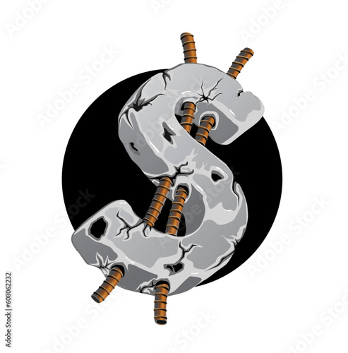 Dollar symbol - cracked concrete with reinforcing steel - vector illustration