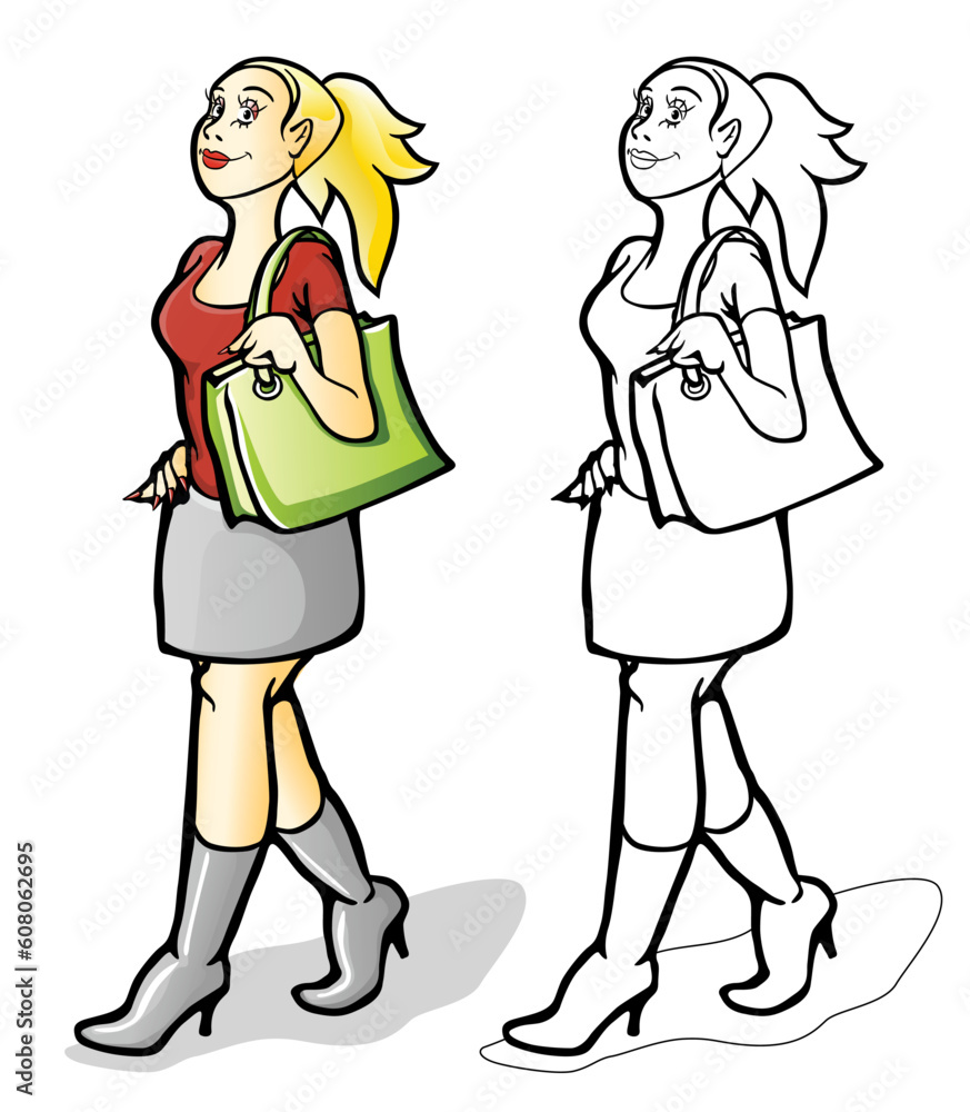 young girl walking with shopping bag vector illustration, isolated on white background young girl walking with shopping bag vector illustration, isolated on white background