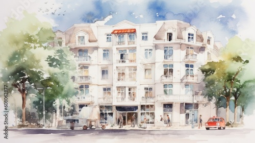 Dreamy Watercolor: Bright Hotel Exterior on White BackgroundGenerative AI photo