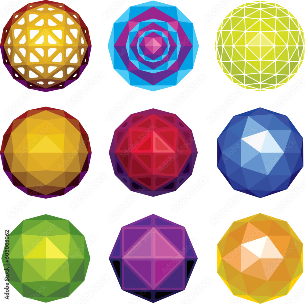 Color glossy faceted spheres, globes and gems set Color glossy faceted spheres, globes and gems set