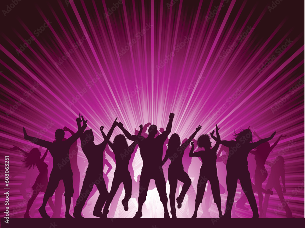 Silhouettes of lots of people dancing on a star burst background Silhouettes of lots of people dancing on a star burst background