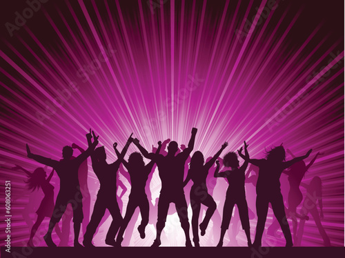 Silhouettes of lots of people dancing on a star burst background