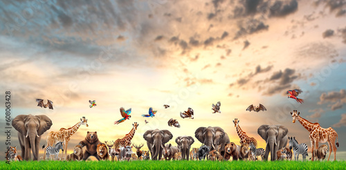 Many wild animals in the meadow On white background with clipping path. generative AI