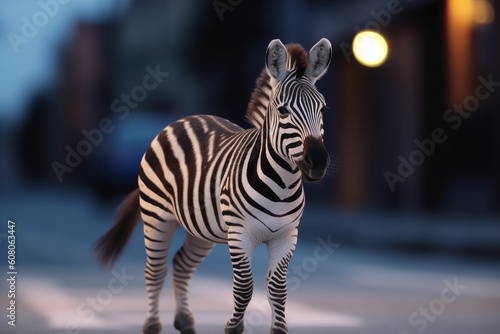 toy zebra standing alone on a dimly lit street at night Generative AI © AkuAku