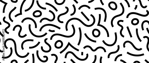 Abstract doodle squiggly lines seamless pattern. Black and white childish scribble repeating background. Basic shapes and curved wavy stripes wallpaper. Vector backdrop 